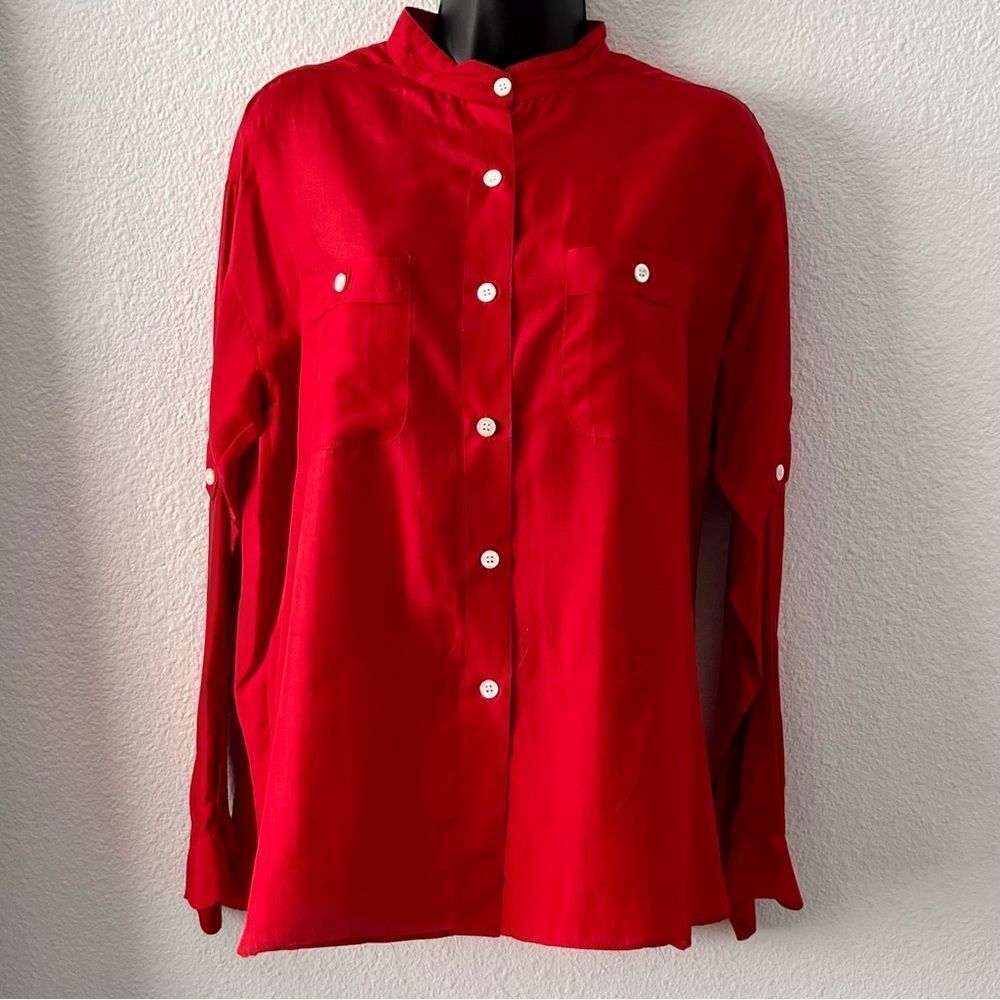 Vtg 80 90s Kenar Ann Red Duponi Raw Silk Button Down Cargo shirt Blouse 14 XL